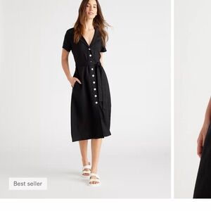 Quince Black Button-Front Shirt Dress with Tie Waist